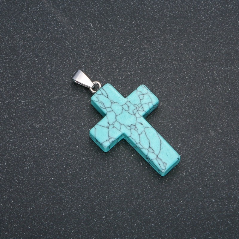 Pandantiv în formă de cruce din turcoaz artificial, 50x28 mm +