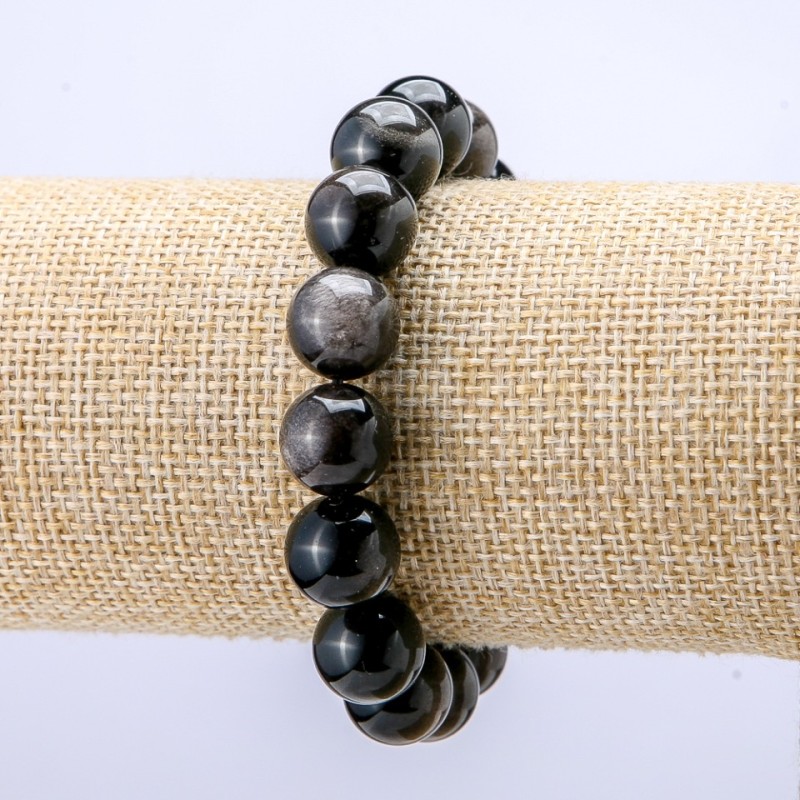 Brățară din obsidian natural, argintiu lucios, mărgele rotunde, diametrul 12 mm, lungime 18 cm +