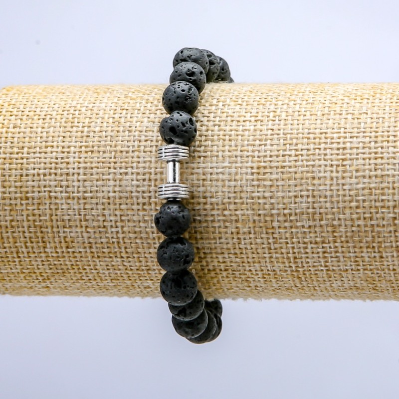 Brățară pe elastic din lavă vulcanică, diametrul de 8 mm (+/-) cu ganteră