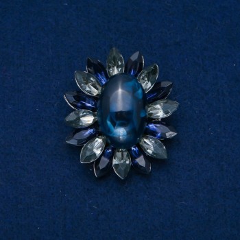 Broșă Floare 50×43 mm cabochon de agat, culoare albastru, gri, metal argintiu