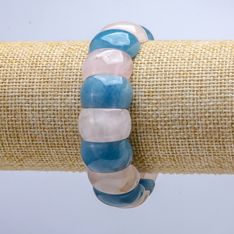 Brățară elastică din piatră naturală cu cuarț roz și acvamarin, lanțuri netede 20×12 mm+
