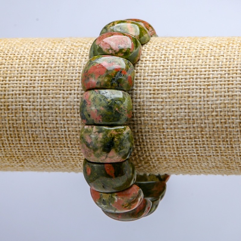 Brățară pe elastic din piatră naturală heliotrop și unakit, verigi netede 20x12 mm+