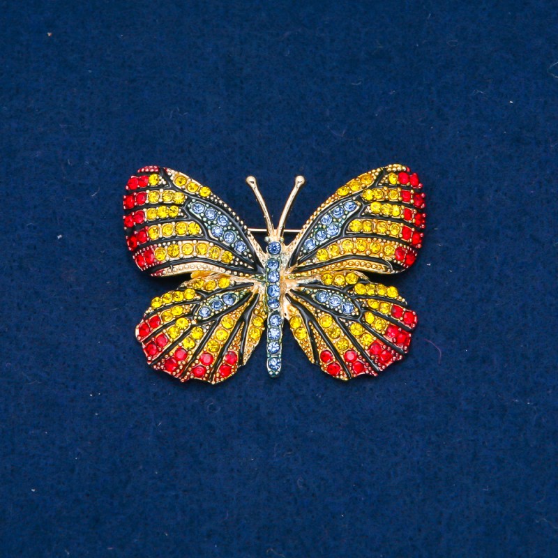 Broșă fluture din metal auriu, strasuri colorate 37×50 mm +