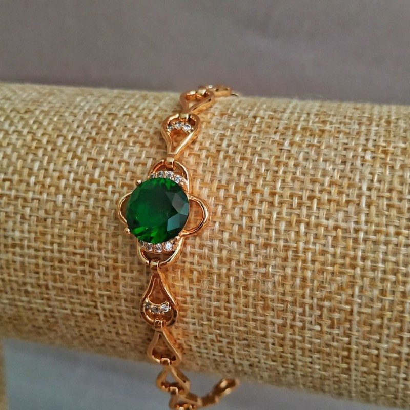 Brățară Xuping placată cu aur 18K, cu strasuri albe și cristal verde, lungime 16–17 cm, grosime 6 mm +