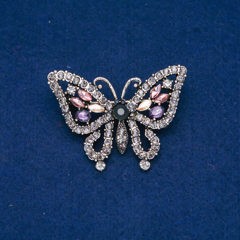 Broșă Fluture, metal auriu, cu pietre stras gri, violete, roz și galbene, 38x52 mm +