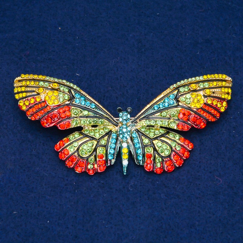 Lichidare de stoc! Broșă Fluture, metal auriu, cu strasuri colorate, 81x37 mm +