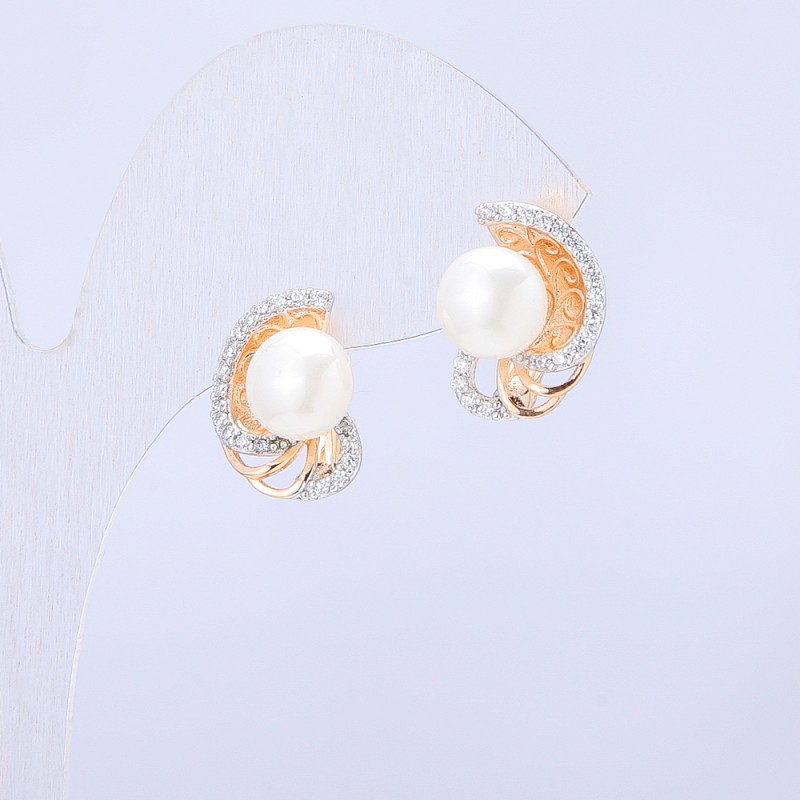 Cercei Xuping placare cu aur 18K, cu cristale albe și perle Mallorca, diametrul 15x11 mm +