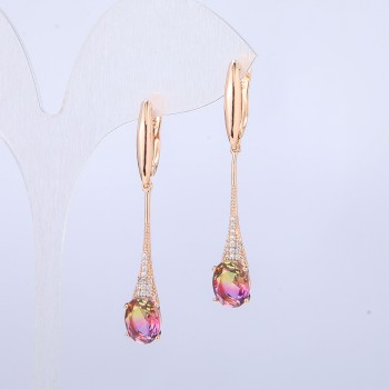 Cercei Xuping cu placare aur 18K, cu cristale verde salată și roșu zmeură Swarovski și strasuri albe, lungime 46 mm +