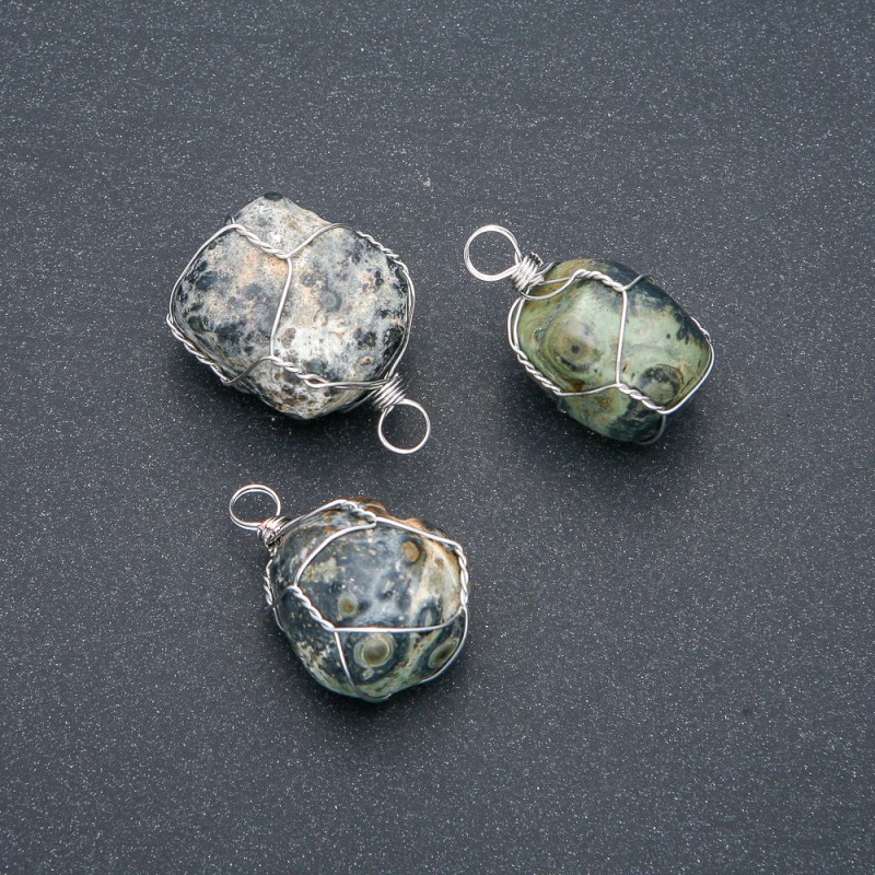 Pandantiv în înfășurare argintie din jasper oceanic natural, diametrul 32×22 mm+