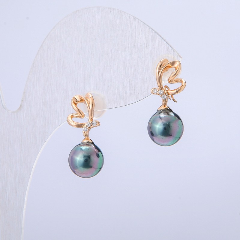 Cercei Xuping placare cu aur 18K cu cristale albe și mărgea neagră din benzină, diametrul 19×8mm +