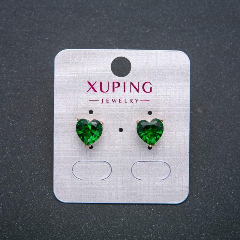 Cercei cu știft Xuping «Inimă», cu cristal verde, placare cu aur 18K, diametrul de 8 mm.