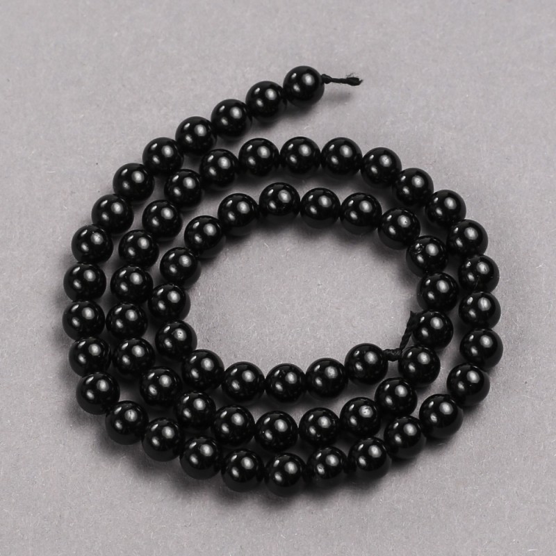 Mărgele de turmalină neagră, piatră naturală, formă de bilă netedă, diametru 6 mm ±, lungime 39 cm ±, pe șnur