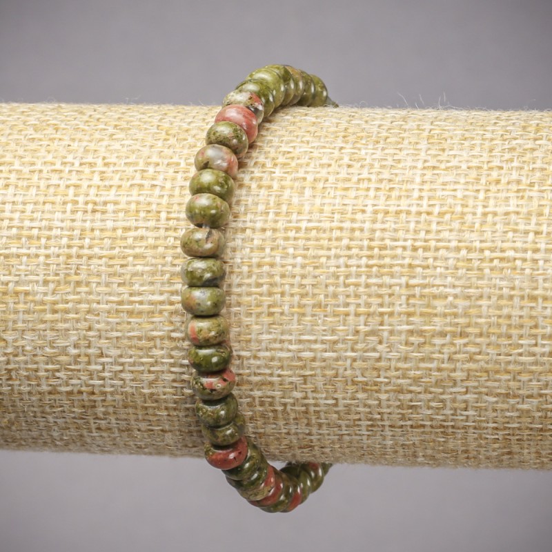 Brățară elastică din piatră naturală jasper heliotrop unakit, discuri netede, diametrul 6×4 mm, lungime 18 cm