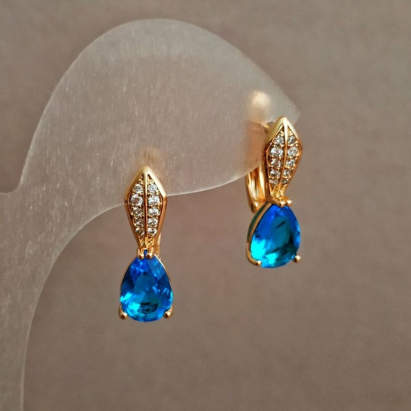 Cercei Xuping placare cu aur 18K, cu strasuri albe și cristal albastru, diametrul 20x6 mm +