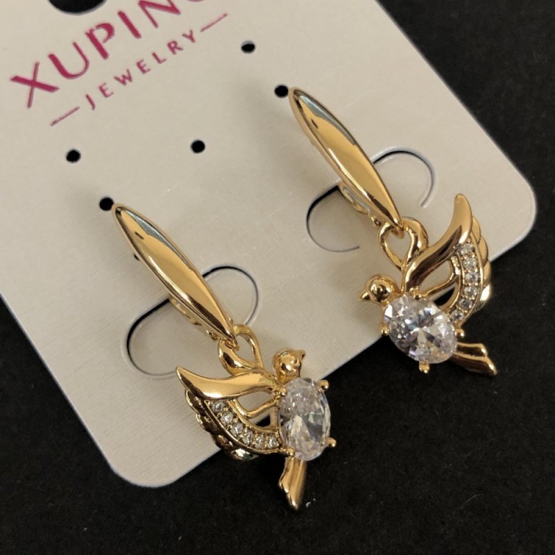 Cercei Păsări Xuping placare cu aur 18K, cu cristale albe, diametrul 32x12 mm +