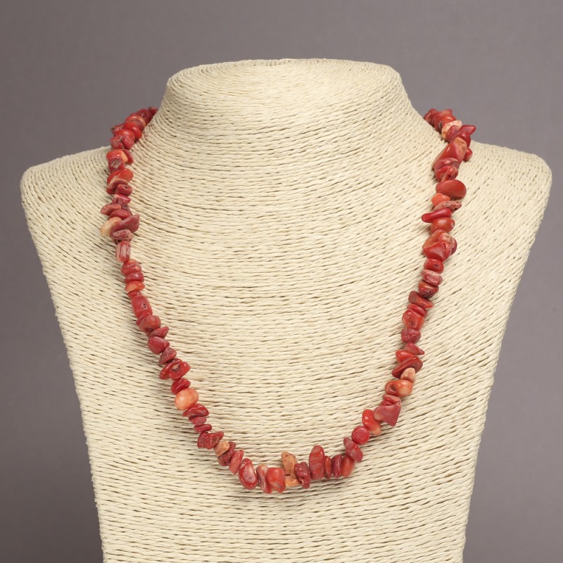 Colier din piatră naturală Coral – fragmente, diametrul 6–8 mm, lungime 45 cm, cu lanț prelungitor