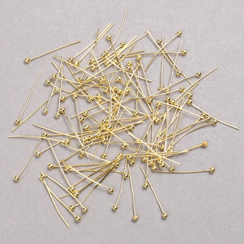 Accesorii pentru bijuterii: pini cu cap în formă de bilă, culoare galben-lămâie auriu, metal, lungime 20 mm, 500 g