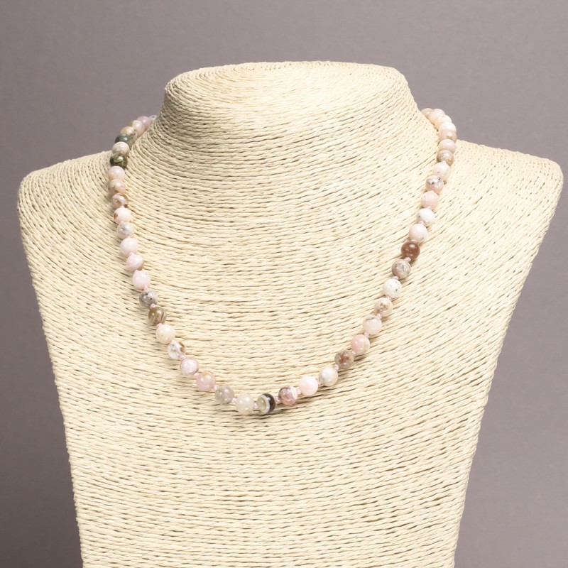 Colier din piatră naturală opal roz, bile netede, diametrul 6 mm, lungime 45 cm