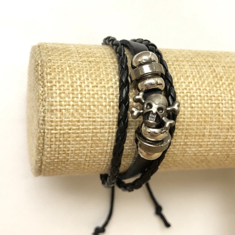 Brățară din piele ecologică cu craniu, reglabilă prin tragere, lungime 18-24 cm, negru