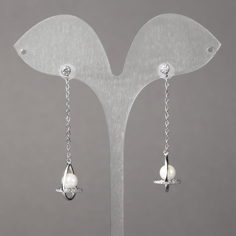 Cercei Xuping placate cu rodiu, cu cristale albe și mărgele 15x11 mm, lungime 50 mm, grosime 1,1 mm