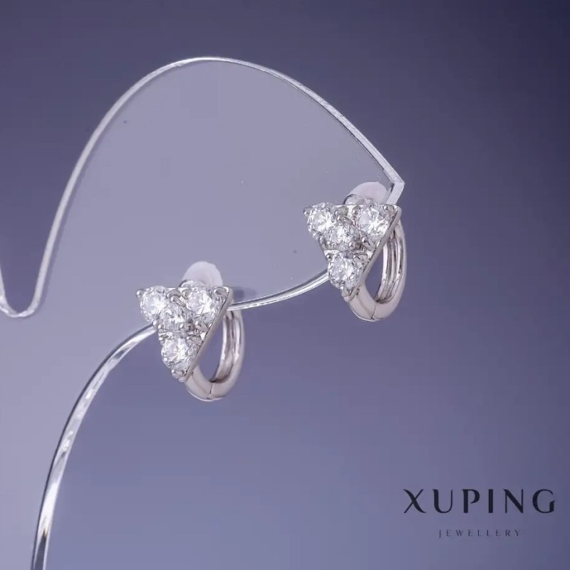 Cercei Xuping triunghiuri cu cristale albe 11x9 mm placate cu rodiu