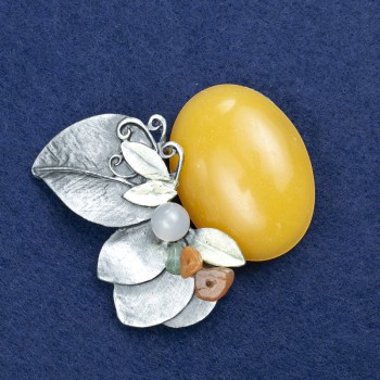 Broșă ramură cu chihlimar, pietre asortate, metal argintiu, 60×50 mm +