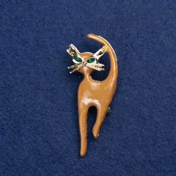 Broșă «Pisicuță» din metal auriu, email și strasuri, 45×40 mm +