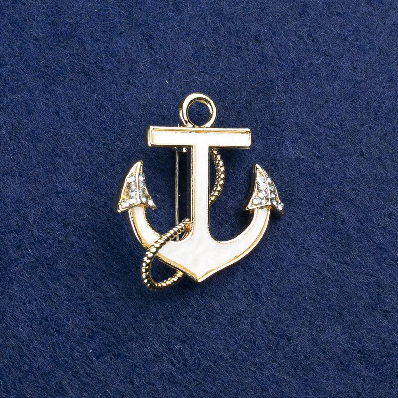 Promoție! Broșă Ancoră din metal auriu, sidef și strasuri, 30×28 mm +