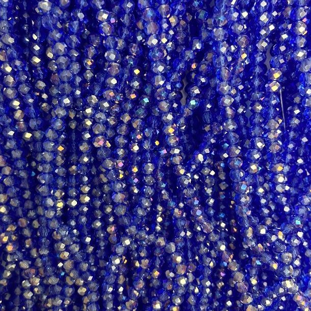 Mărgele din cristal ceh pe fir, albastru transparent cu luciu de benzină, formă rondel tăiată, diametru 3,5x3 mm, lungime 36 cm