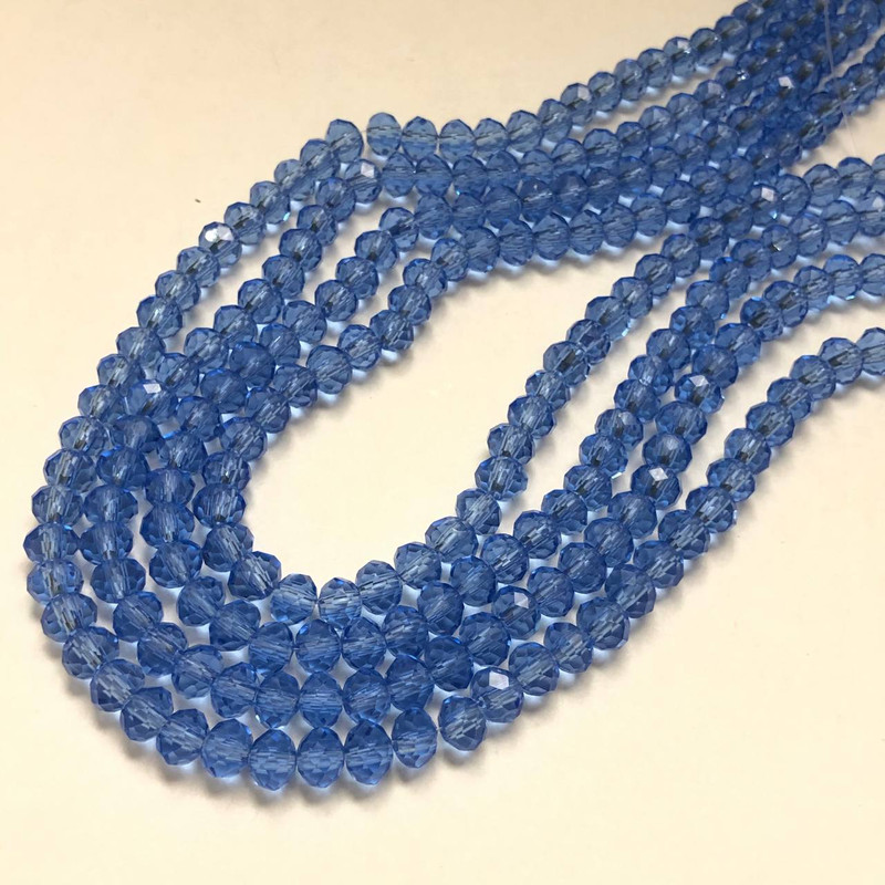 Mărgele albastre deschise din cristal ceh pe șnur, formă rondel facetat, diametru 6×4,5 mm, lungime 38–40 cm (+)