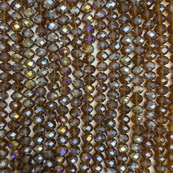 Mărgele din cristal ceh, pe fir, maro-transparent cu luciu de benzină, rondele tăiate, diametrul 8×6 mm, +/- lungime 38 cm +