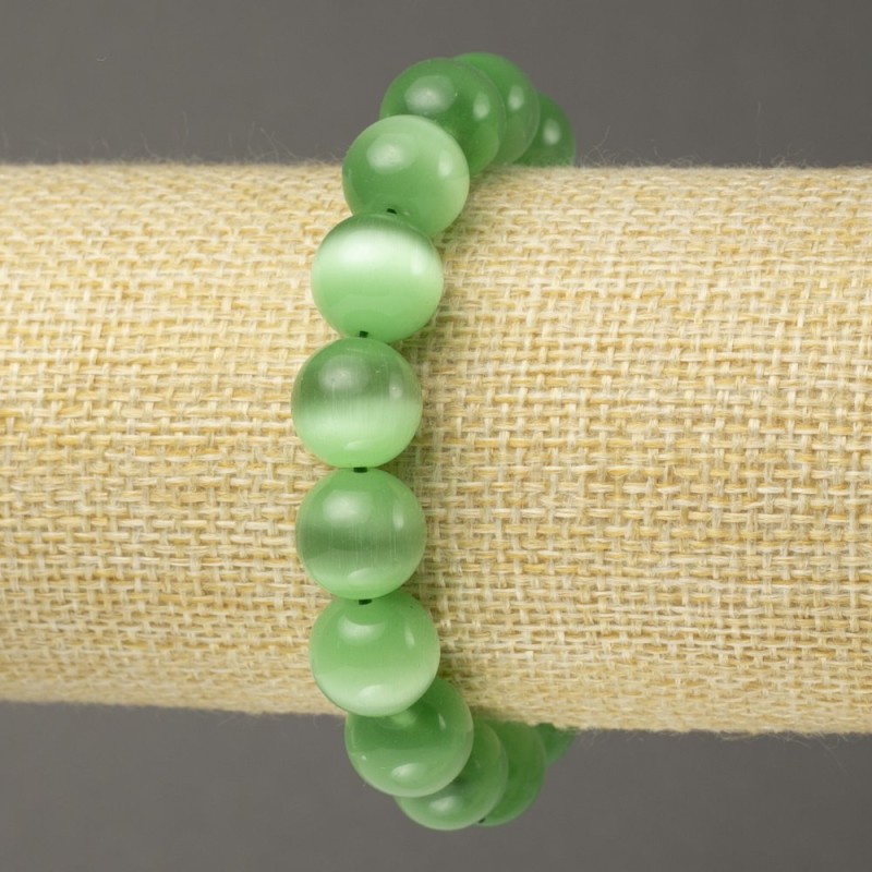 Brățară pe elastic cu ochiul pisicii verde, mărgele lucioase, diametrul 12 mm+