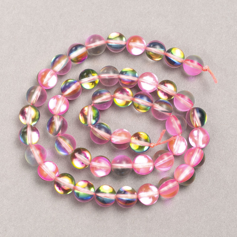 Mărgele pe șnur din sticlă opal roz transparent, formă sferică netedă, diametru 8 mm, lungime 39 cm