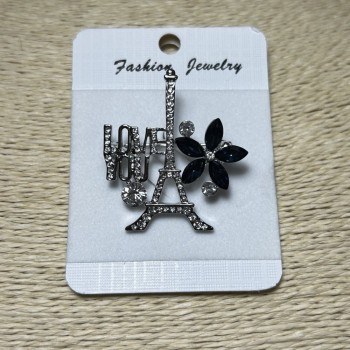 Broșă Paris metal argintiu, strasuri și cristale albastre 40x35mm +