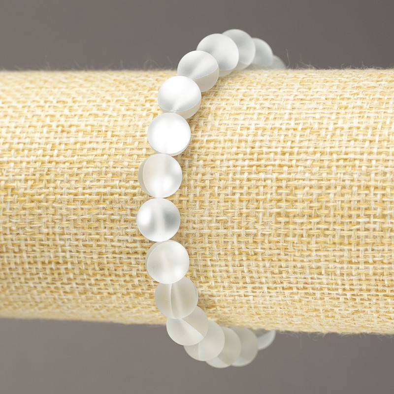Brățară pe elastic din sticlă opală albă, mărgele netede, diametru 8 mm+