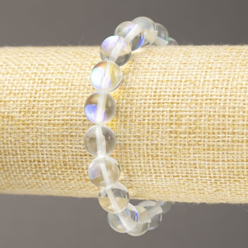 Brățară pe elastic din sticlă opală albă, transparentă, diametru aproximativ 10 mm, lungime aproximativă 18 cm
