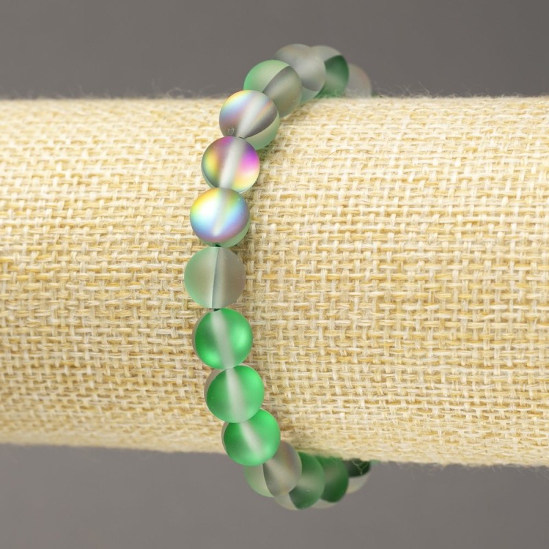 Brățară pe elastic din sticlă opală, bile netede gri-verzui, mată, diametru 8 mm, lungime 18 cm ±