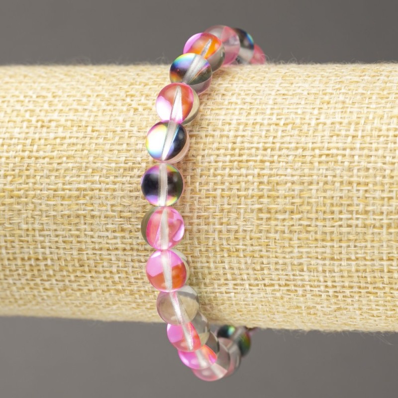 Brățară pe elastic din sticlă opal roză, mărgele netede, diametru de aproximativ 8 mm, lungime 18 cm