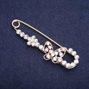 Брошка шпилька Метелик з білими стразами "хамелеон" 72х20 мм жовтий метал