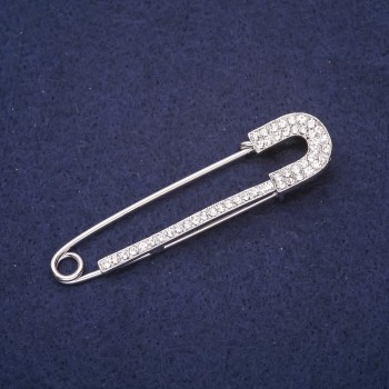 Broșă-pin cu cristale albe, 72x18 mm, metal argintiu