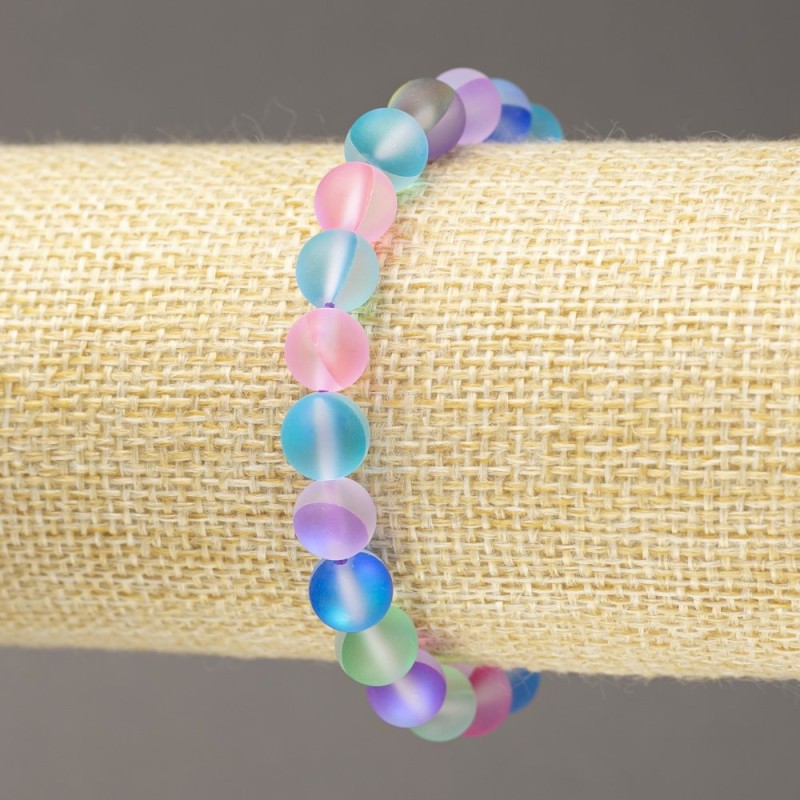 Brățară elastică din sticlă opală, mărgele rotunde, multicolore mate, diametru 8 mm, lungime 18 cm