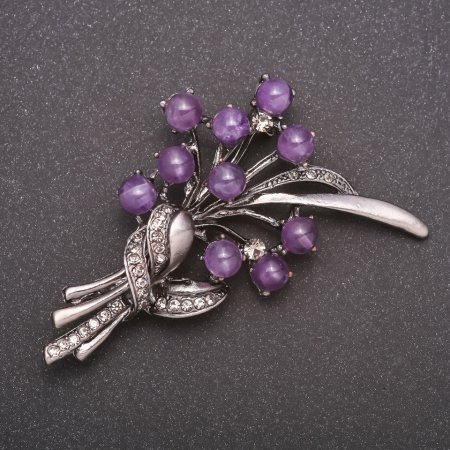 Broșă din piatră naturală ametist Buchet, culoare metal gri, 70x37mm