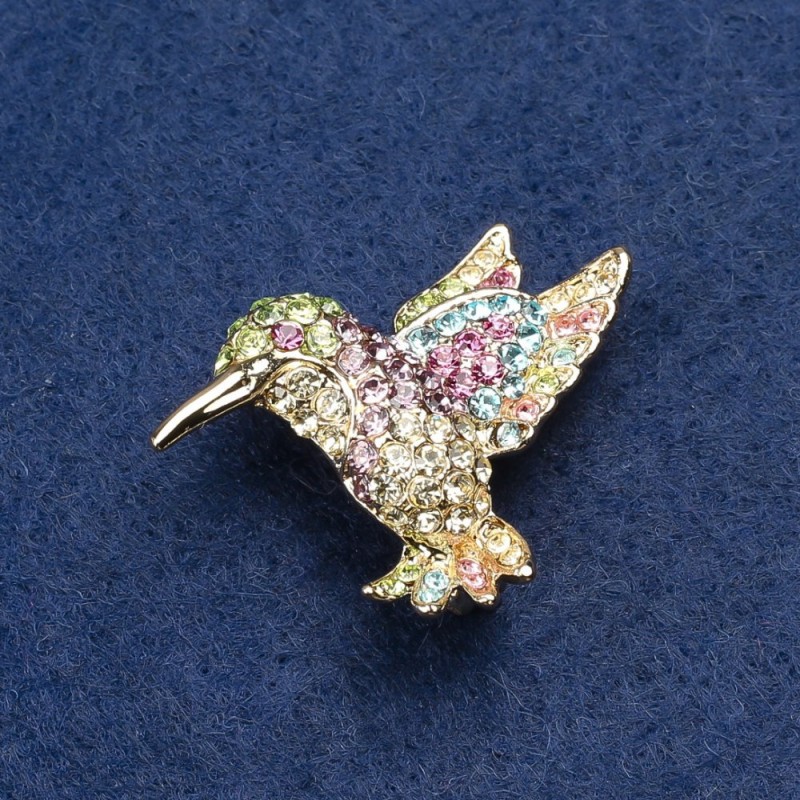 Broșă Colibri, metal auriu și strasuri, 25x33 mm +