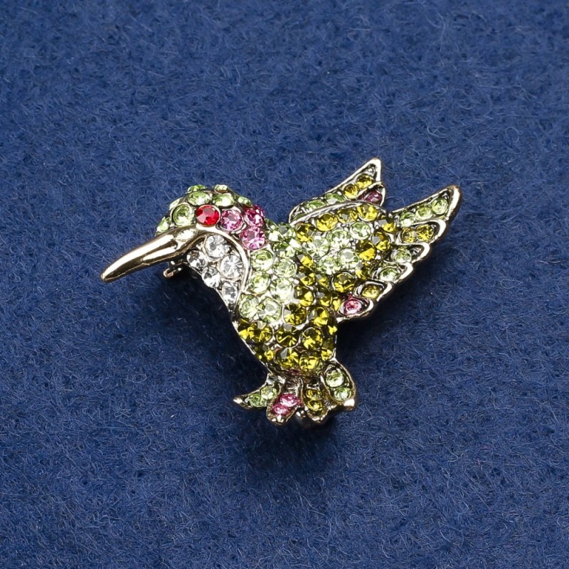 Broșă Colibri, metal auriu și strasuri, 25×33 mm +
