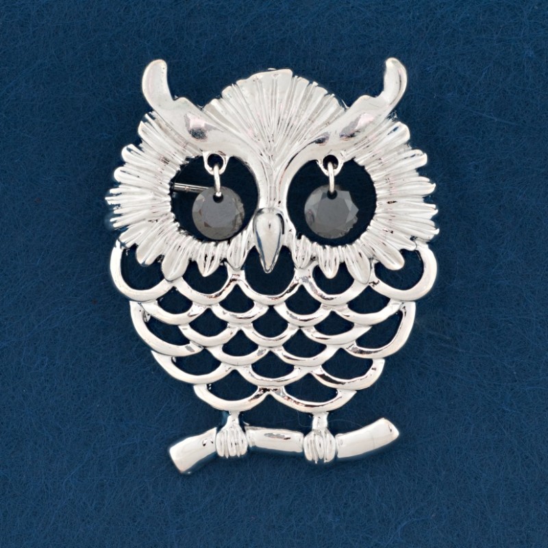 Broșă Bufniță ajurată, metal gri, 40×32 mm