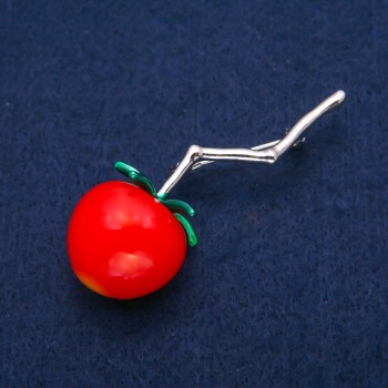 Broșă Roșie Cherry pe creangă, mărgea roșie, email verde, metal argintiu, 22×61 mm