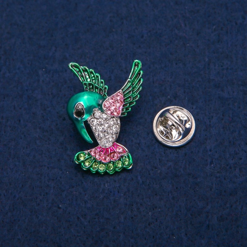 Broșă Colibri cu email colorat și strasuri, metal argintiu 23×31 mm