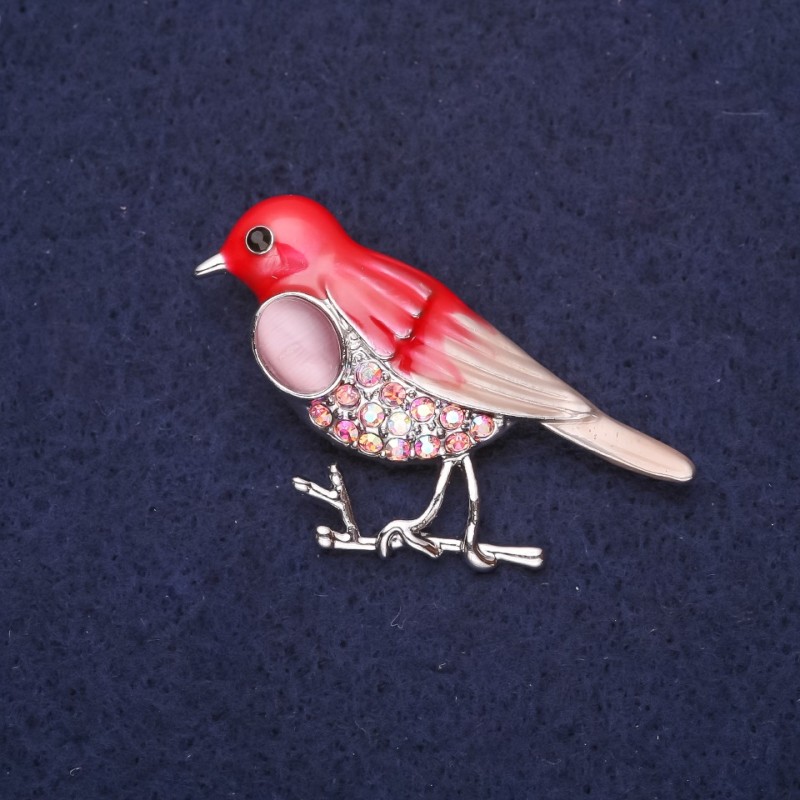 Broșă pasăre cu piatră ochi de pisică, strasuri, email, culoare roșu-roz-cameleon, 44x27 mm, metal argintiu
