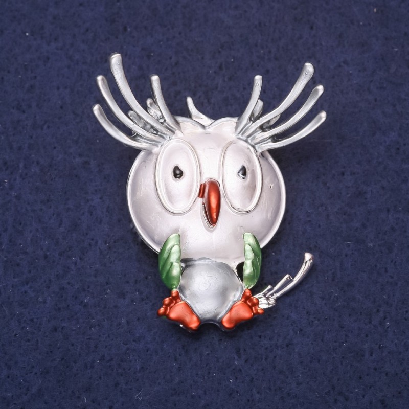 Broșă Bufniță «Bună dimineața» email cu cristale, culoare gri, alb, maro, verde, 47×38 mm, metal argintiu