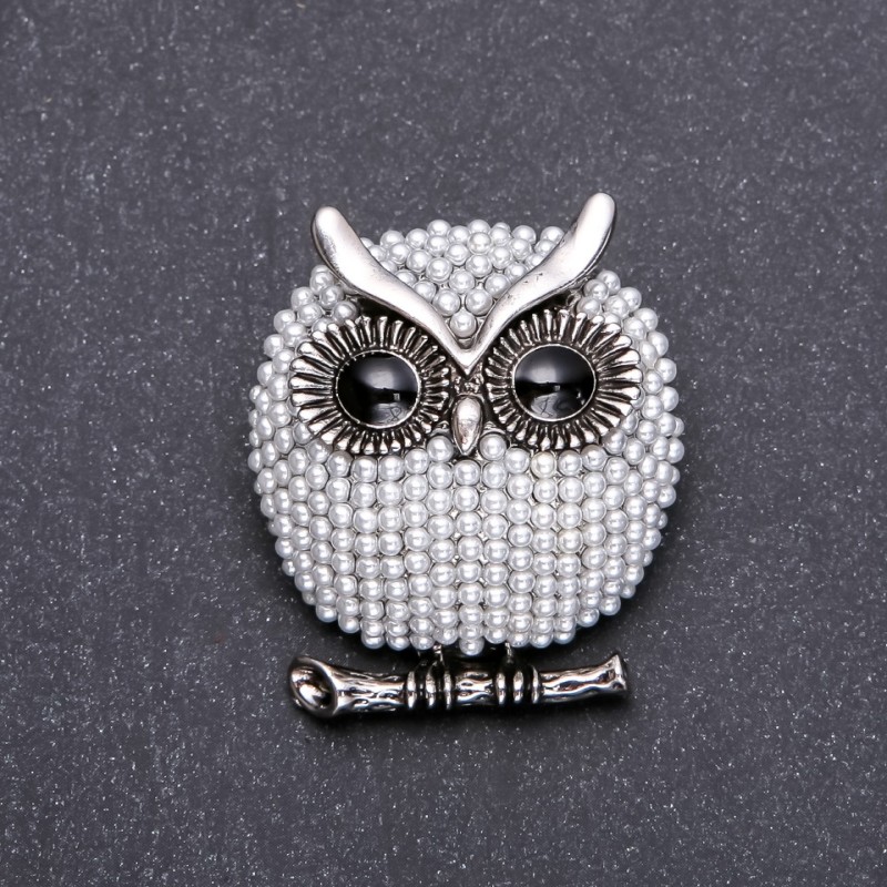Broșă Bufnița în mărgele, 34x40 mm, metal cenușiu